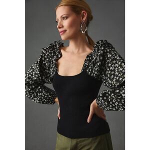 NWT By Anthropologie Woven Ruffle-Sleeve Sweater XS Black Floral Puff Sleeve